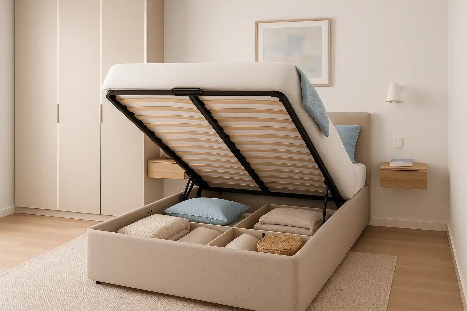 dormitorio pequeño con cama canapé y almacenaje inteligente Madrid