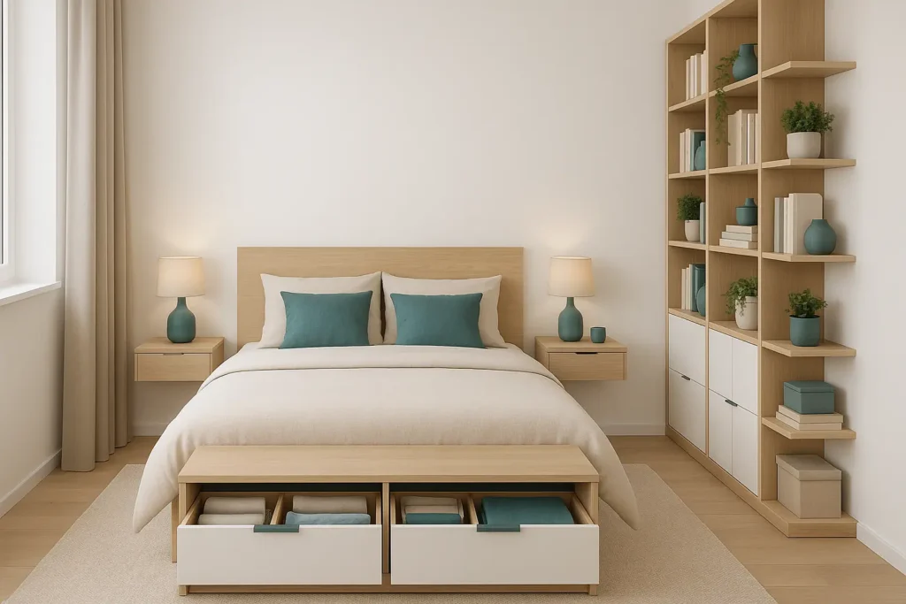 Dormitorio pequeño con muebles funcionales y almacenaje vertical estilo nórdico en Madrid