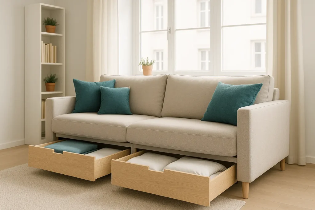 Sofá cama con almacenamiento integrado ideal para pisos pequeños en Madrid