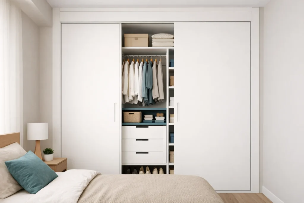 armario a medida hasta el techo en dormitorio pequeño blanco y beige