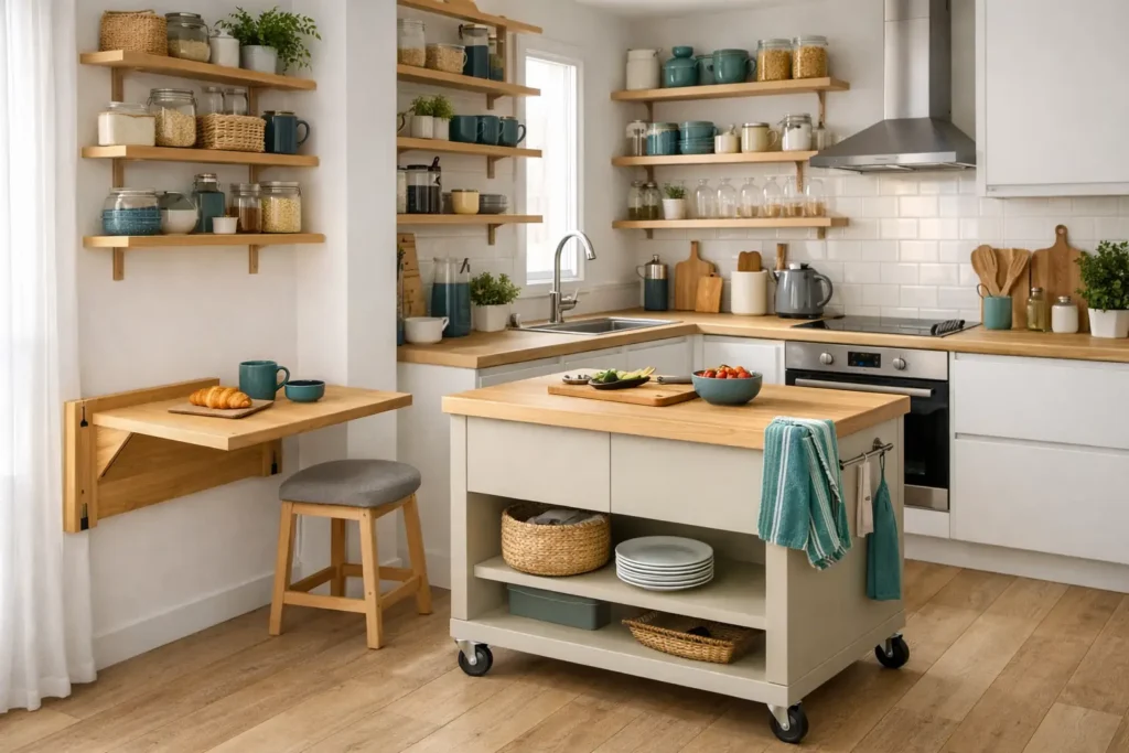 cocina pequeña con mesa plegable e isla móvil en tonos blancos y madera clara