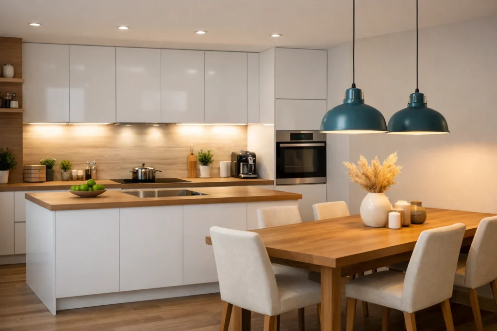 cocina moderna con iluminación interior funcional y lámpara colgante sobre comedor