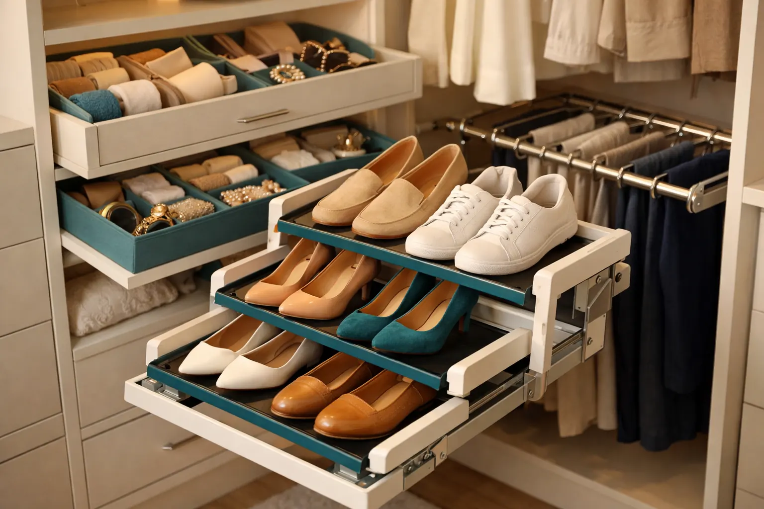 detalle de sistemas de organización interior con zapatero extraíble y cajones con separadores