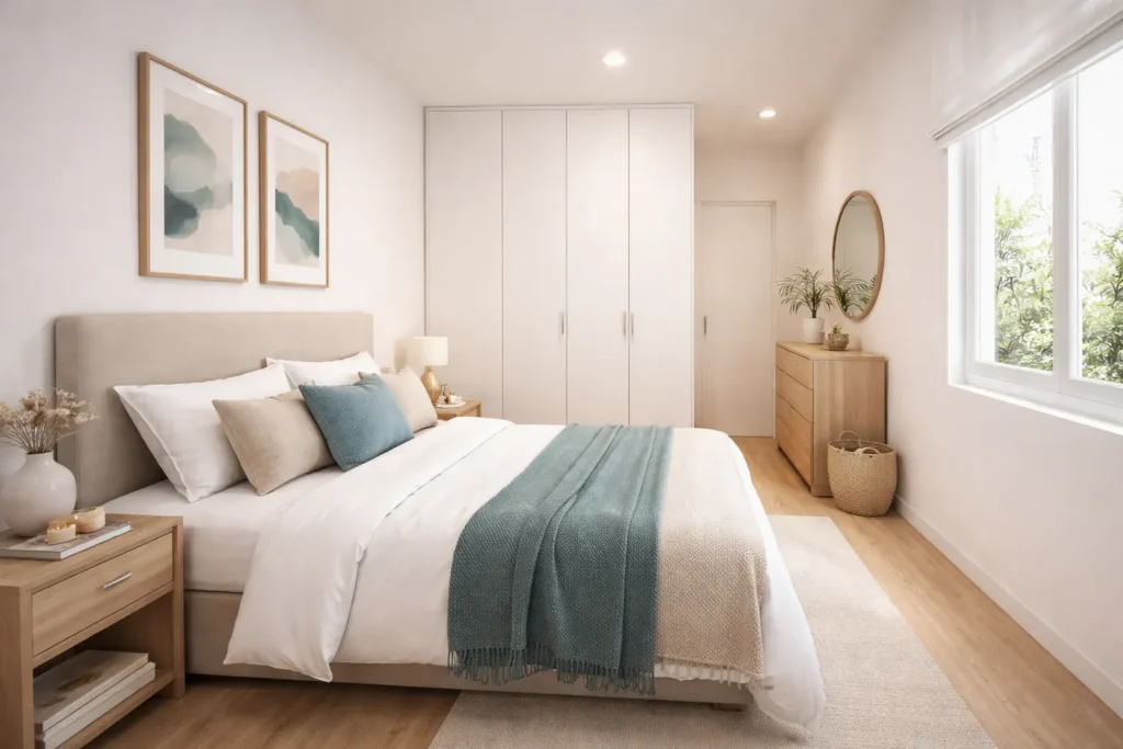 distribución optimizada de dormitorio pequeño rectangular con cama lateral