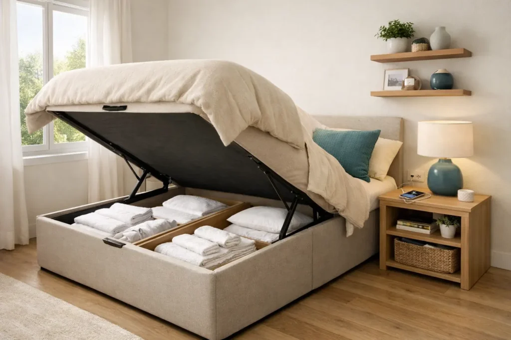 dormitorio pequeño con cama canapé de almacenaje en tonos beige y detalles azul verdoso