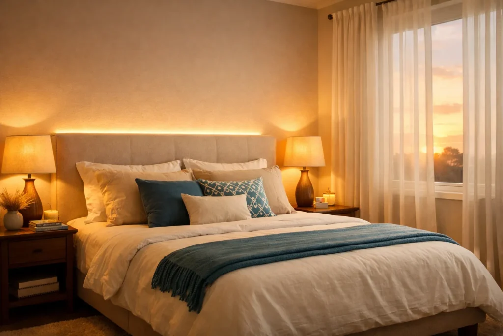 dormitorio con iluminación interior cálida y lámparas de mesilla