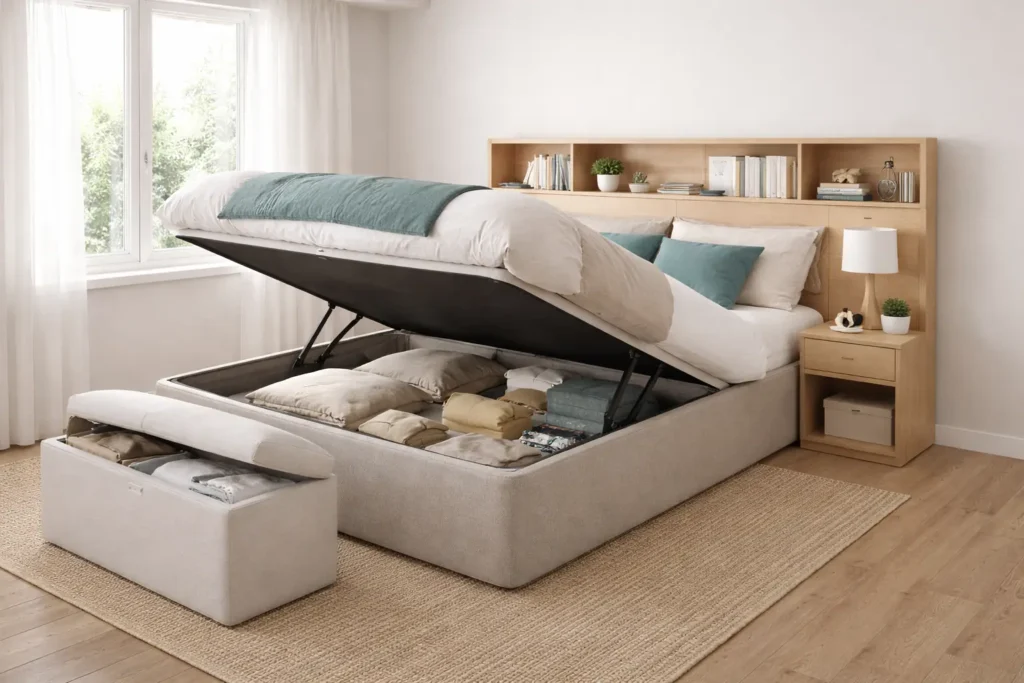 dormitorio pequeño de matrimonio funcional con muebles multifuncionales