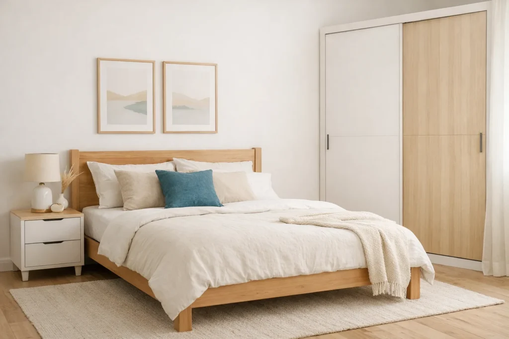 dormitorio primera casa con cama de calidad y armario funcional