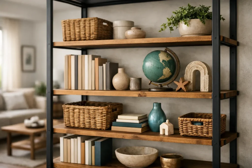 estanterias metalicas abiertas estilo industrial con madera maciza para almacenaje