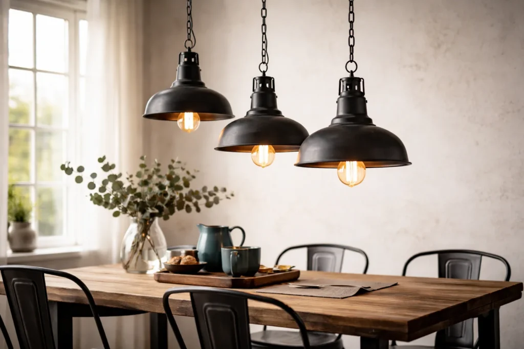 lamparas colgantes metalicas estilo industrial sobre mesa comedor madera