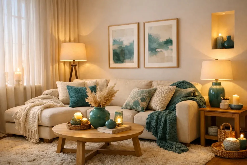 Interiorismo de salón con iluminación estratégica y textiles en tonos beige con detalles azul verdoso
