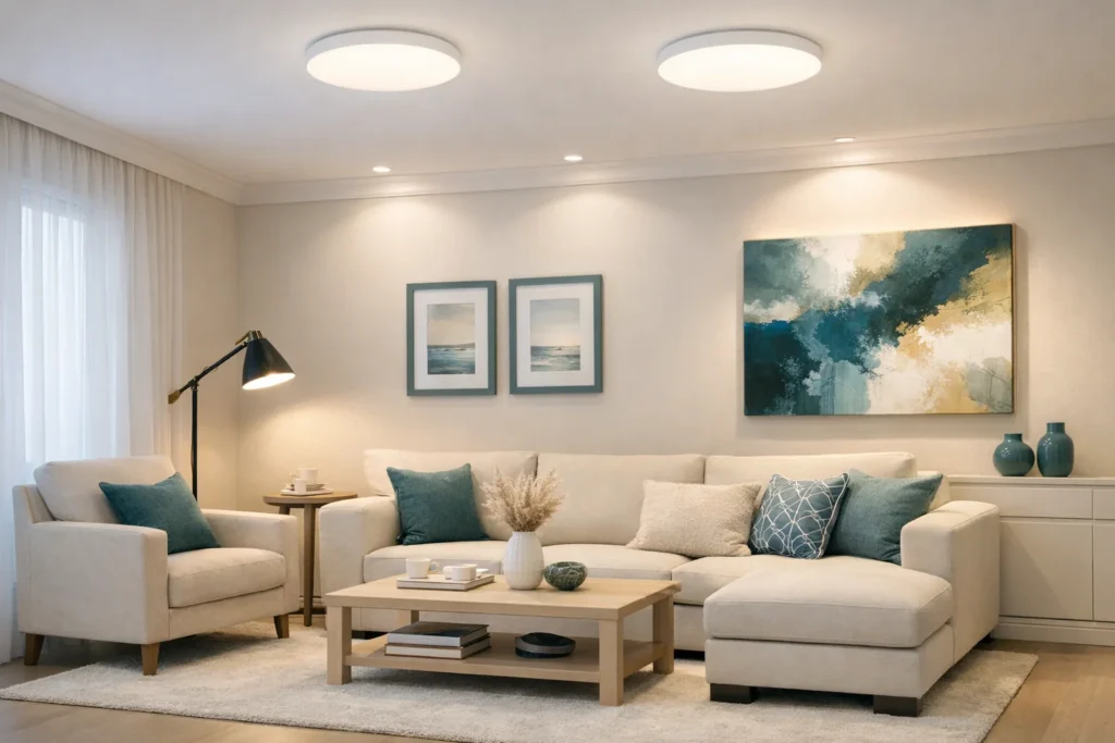 lámparas de techo y auxiliares creando capas de iluminación interior en salón