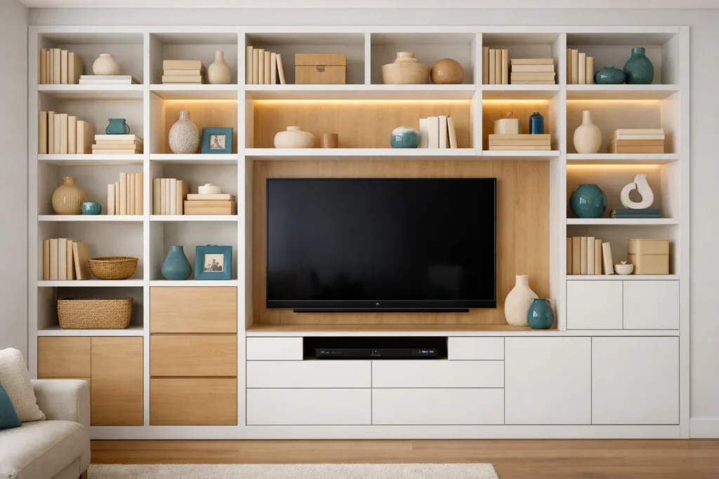 mueble a medida estantería modular en salón con tonos blancos y detalles azul verdoso