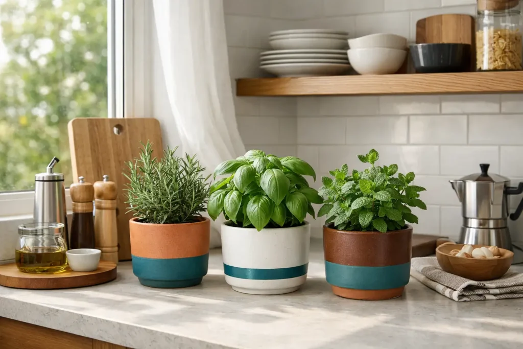 Plantas aromáticas en cocina combinando decoración con plantas y funcionalidad