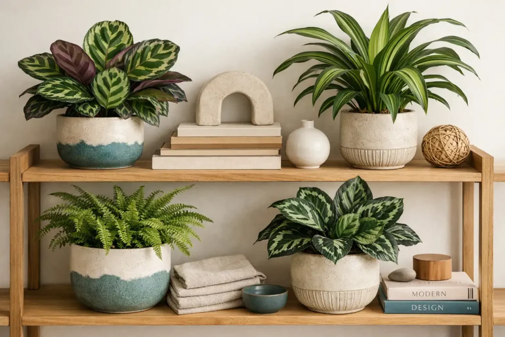 Plantas medianas en estanterías con decoración natural y armoniosa