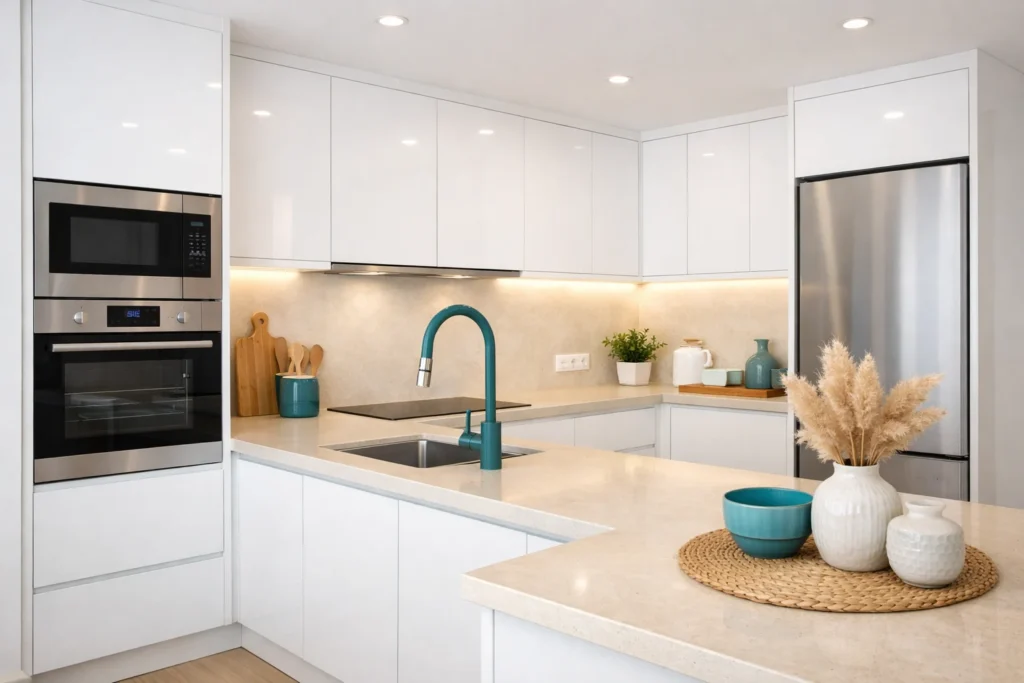 Cocina moderna en reforma integral con muebles blancos y encimera beige con detalles en azul verdoso