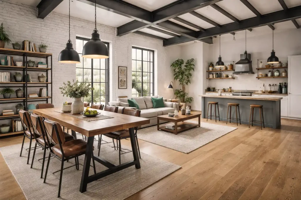 salon diafano estilo industrial madrid con estanterias metalicas muebles madera natural