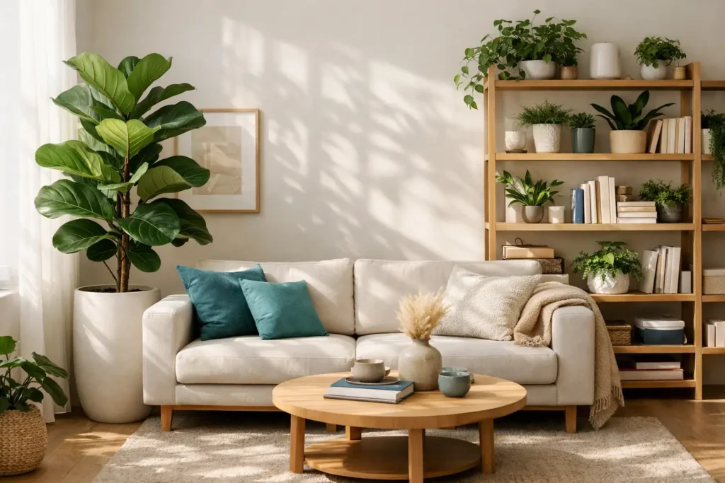 Decoración con plantas en salón luminoso con estilo natural