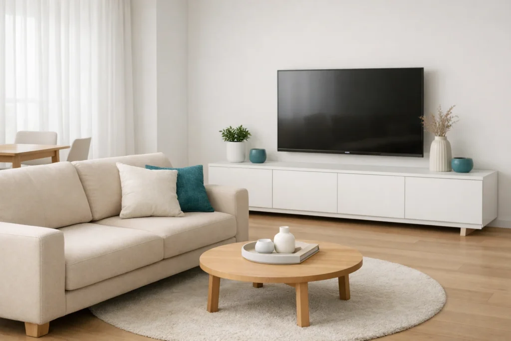 sala de estar primera casa con distribución funcional y muebles esenciales