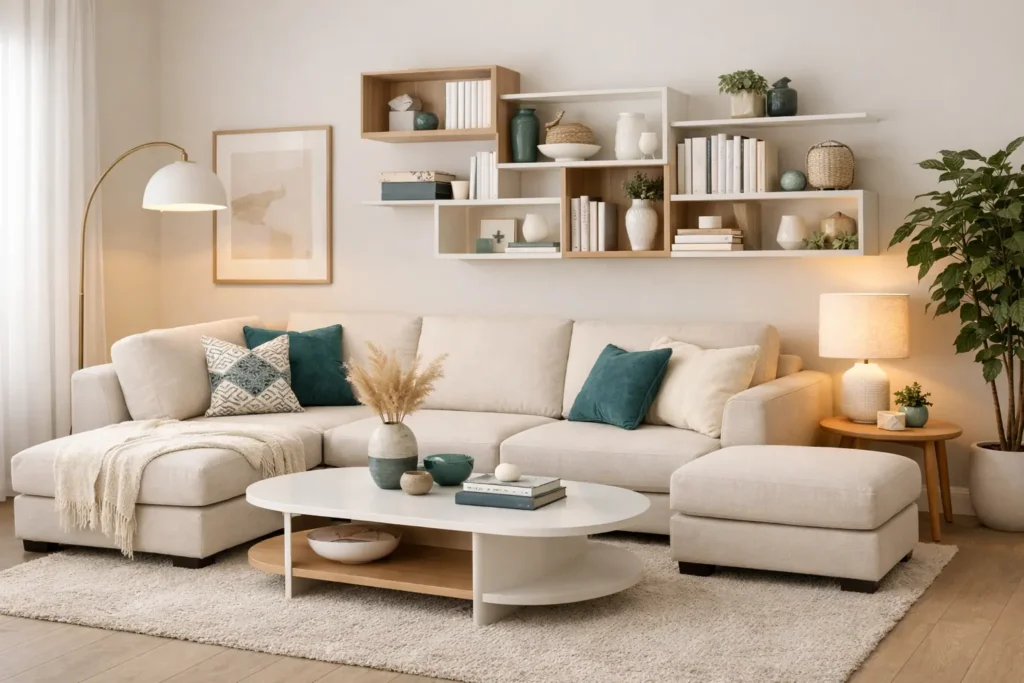 Salón renovado sin obras con muebles modernos en tonos beige y detalles decorativos en azul verdoso