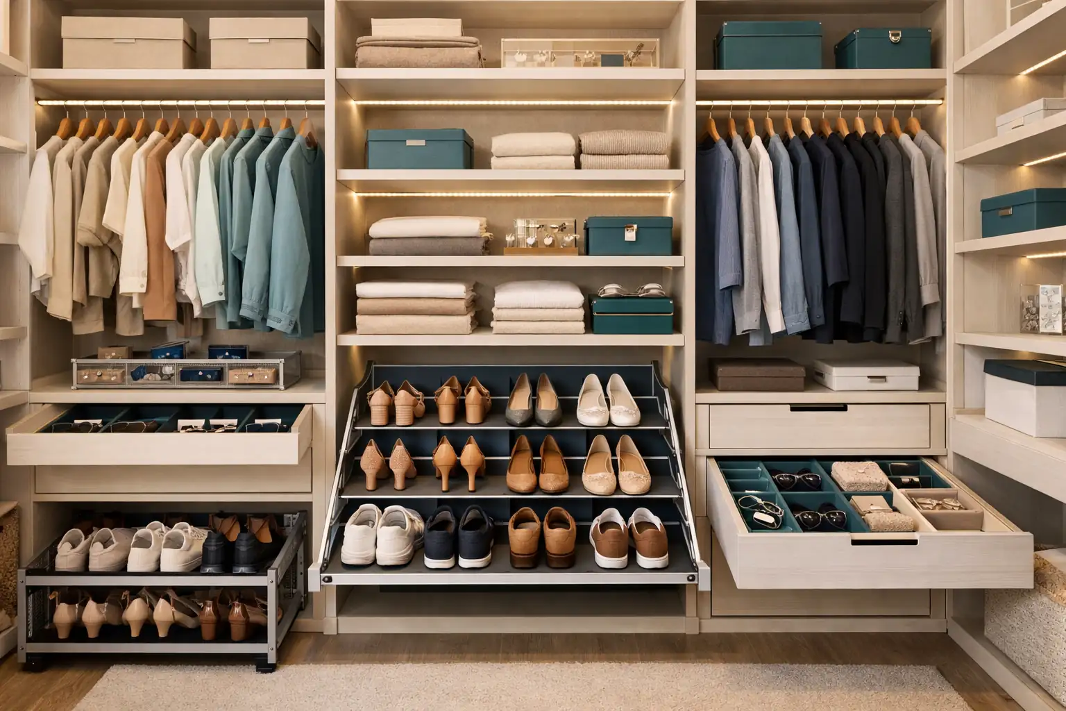 vestidor abierto con sistemas modulares de organización y almacenaje visible
