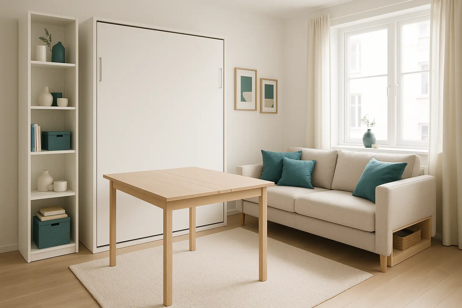 Salón con muebles funcionales Madrid mostrando cama abatible y soluciones de almacenaje vertical