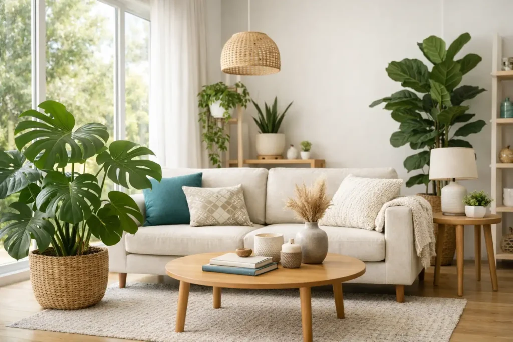 Decoración con plantas en salón luminoso con estilo natural y moderno