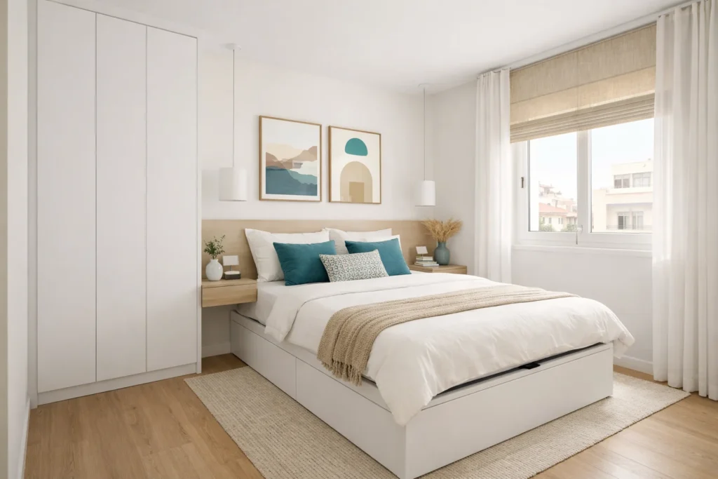 dormitorio pequeño moderno en Madrid con almacenamiento optimizado