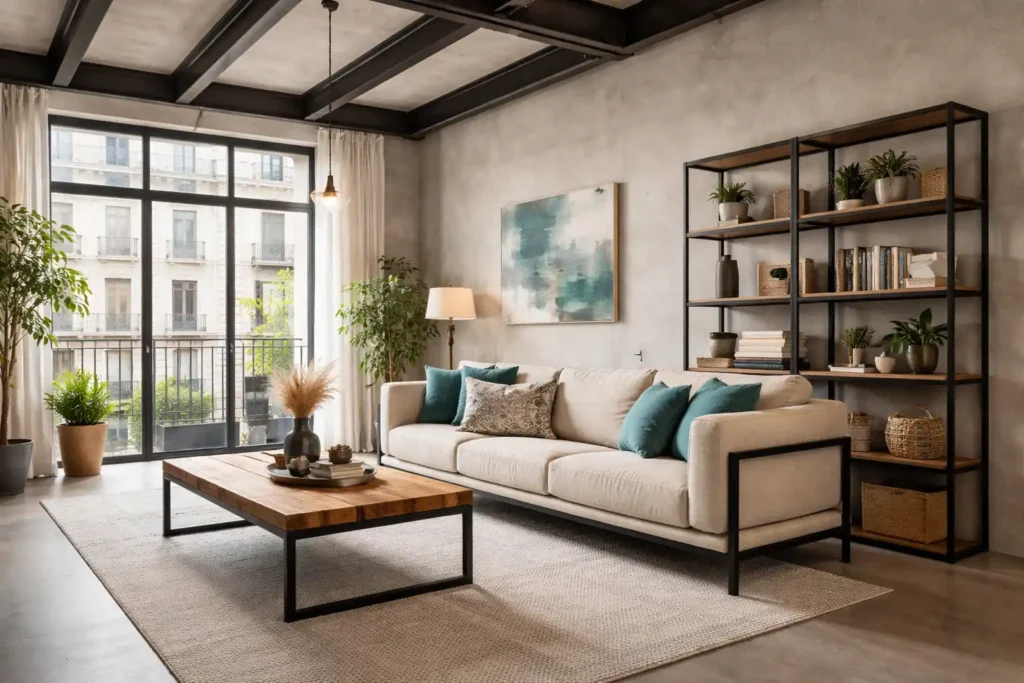 salon estilo industrial madrid con vigas metalicas sofa cuero mesas madera hierro