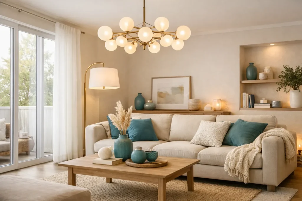 salón moderno con iluminación interior multicapa y lámparas decorativas