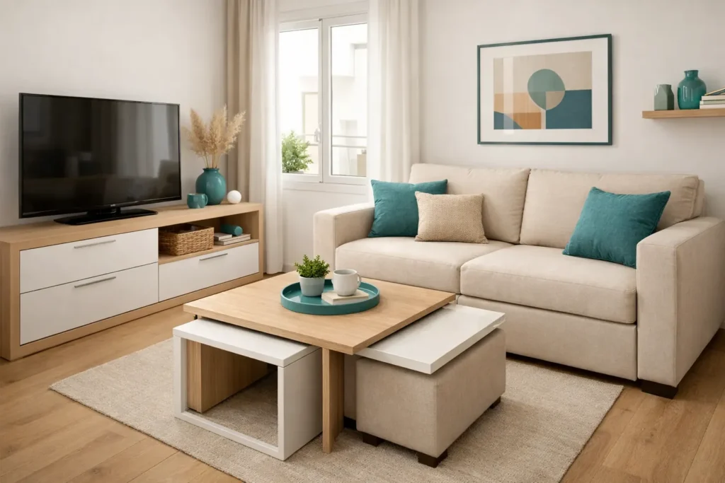 muebles multifuncionales en salón moderno con sofá cama y mesa extensible en tonos blancos y beige