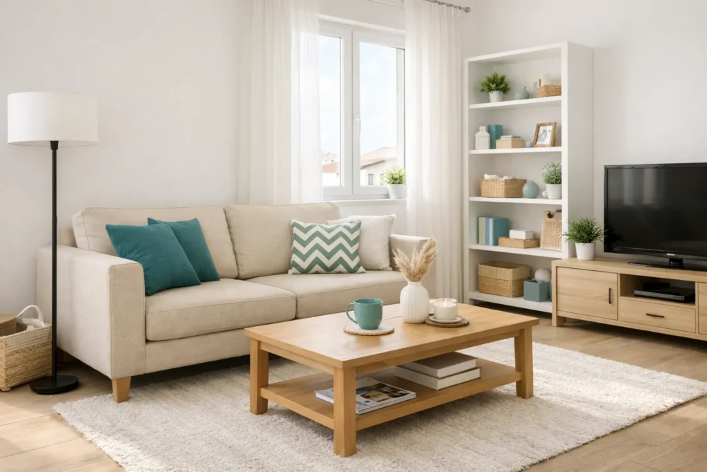 salón primera casa con muebles imprescindibles beige y blanco