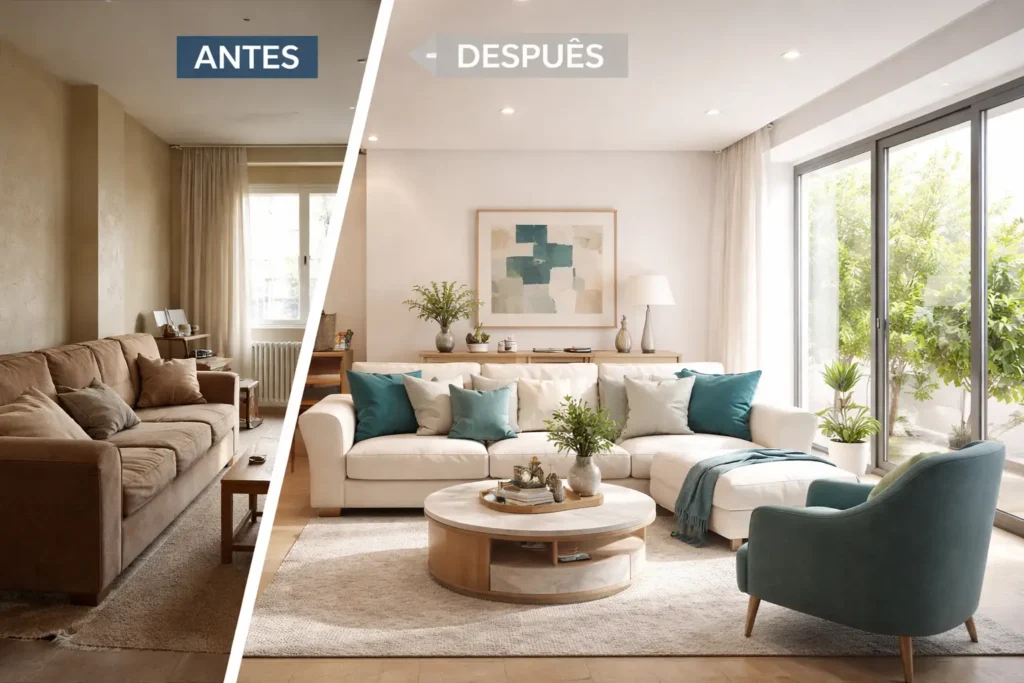 Salón luminoso en reforma integral vs cambio de muebles con muebles modernos en tonos beige y detalles azul verdoso